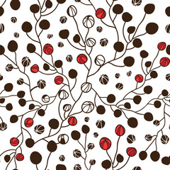 Abstract black, white and red floral buds seamless pattern background