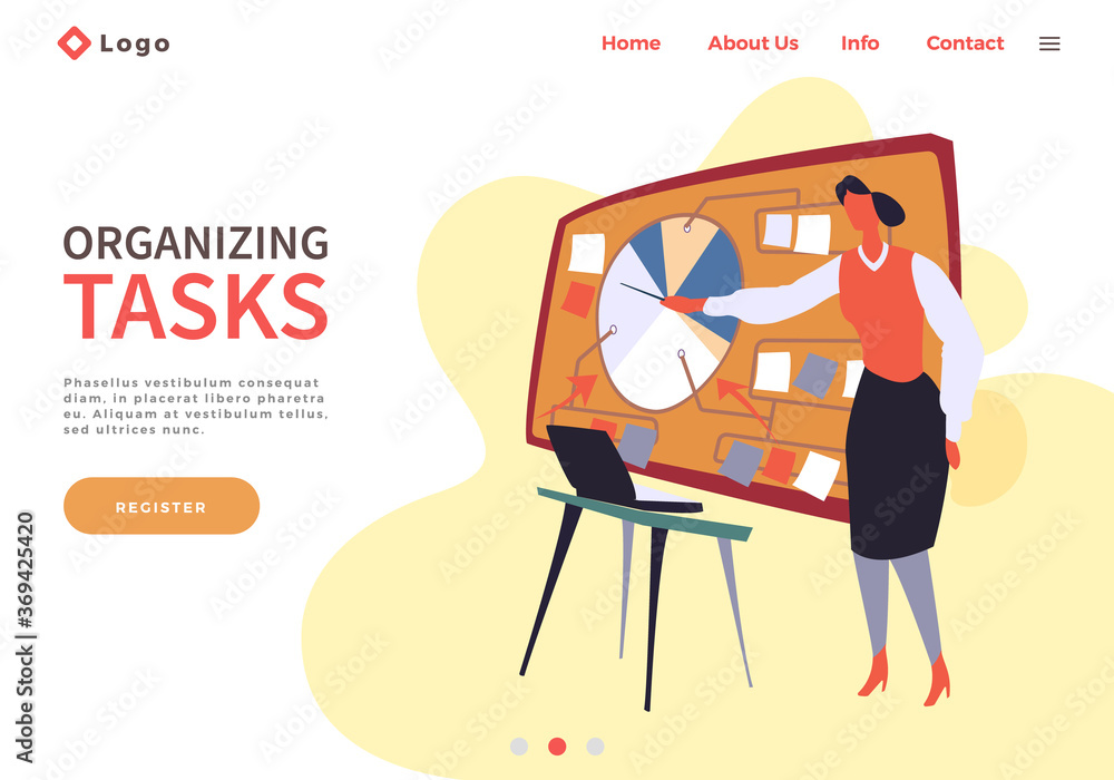 Poster landing page template with woman making organizing tasks. planning and time management concept with 