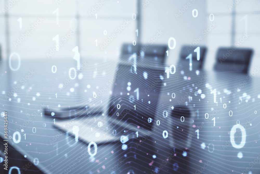 Poster creative concept of binary code illustration on modern laptop background. big data and coding concep