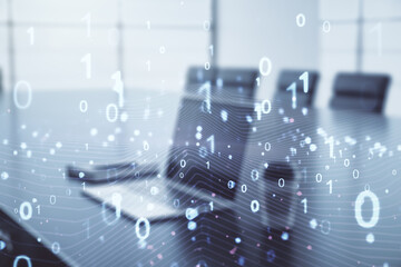 Creative concept of binary code illustration on modern laptop background. Big data and coding concept. Multiexposure