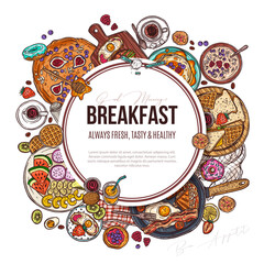 Healthy breakfast and brunches vector sketch background. Round or cyrcle banner with various top view dishes. Hand drawn illustrationn of finger food, snacks, starter, egg, fruits, coffee, oatmeal, de