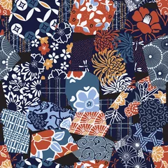 Papier Peint photo Style japonais Tissu textile japonais traditionnel patchwork papier peint motif floral abstrait vecteur transparente