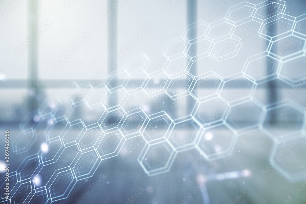 Poster double exposure of abstract virtual technology hologram with hexagon on empty corporate office backg