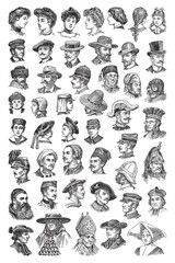 Old portraits, historical people with hat collection - vintage engraved vector illustration from Petit Larousse Illustré 1914 - 369426819