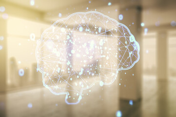 Double exposure of creative artificial Intelligence interface on empty modern office background. Neural networks and machine learning concept