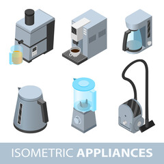 Vector illustration of isometric appliances icon set. Juicer, coffee-maker, coffe-machine, electric kettle, blender and a vacuum cleaner.