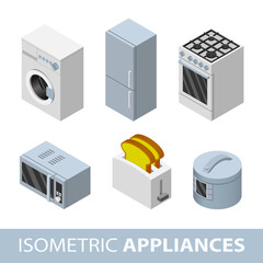 Vector illustration of isometric appliances icon set. Toster, fridge, washing machine, stove, microwave oven and multivariate. - obrazy, fototapety, plakaty
