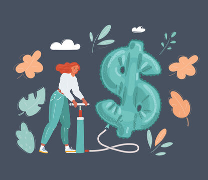 Vector illustration of Woman with pumper is pumping Money Balloon on dark background.