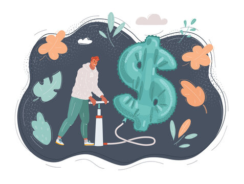 Vector illustration of Man with pumper is pumping Money Balloon on dark background.