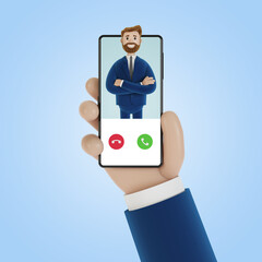 Incoming call on the smartphone screen. Service call. 3D illustration in cartoon style.