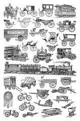 Old historical transport collection - vintage engraved vector illustration from Petit Larousse Illustré 1914 - 369427235