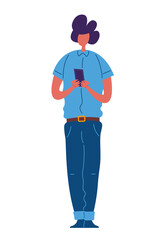 A man stands with a smartphone in his hands. Vector illustration of a guy in trendy multi-colored clothes.