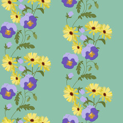 Seamless vector illustration with pansies and calendula.