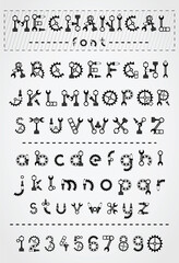 Mechanical black font. Vintage steampunk alphabet for logo and text.