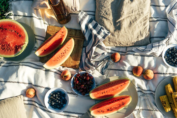 Sunny picnic. Summer harvest on a picnic blanket.