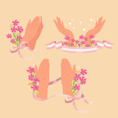 Collection of hand prayer symbol sticker. Type of hands praying decorated with flower and ribbon. Miracle. Flat style vector isolated.