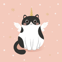 Illustration of a cute cat with angel wings and unicorn horn.