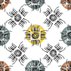 Vector tribal motifs seamless pattern background. Backdrop of grunge style sun symbol within square frayed brush stroke frames. Midcentury color and ethnic design repeat. Blockprint handmade feel.