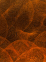 Abstract vertical image background texture. Many overlapping circle hairlines until seeing as dimensional shape. Copper colour line on black surface.