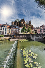 View on the river Mosell in Metz and the The Cathedral of Saint Etienne, Lorraine, France