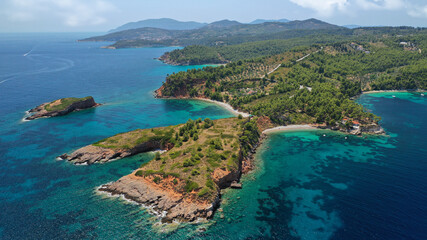 Fototapeta premium Aerial drone panoramic photo of paradise beaches in Kokinokastro with crystal clear turquoise sea, Alonissos island, Sporades, Greece 