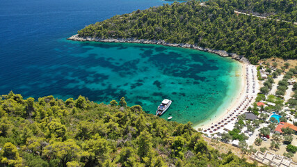 Fototapeta na wymiar Aerial drone photo of exotic paradise sandy bay and beach of Leftos Gialos in island of Alonissos, Sporades, Greece