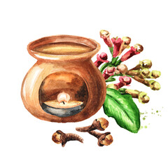 Aroma lamp and Clove buds. Hand drawn watercolor illustration isolated on white background