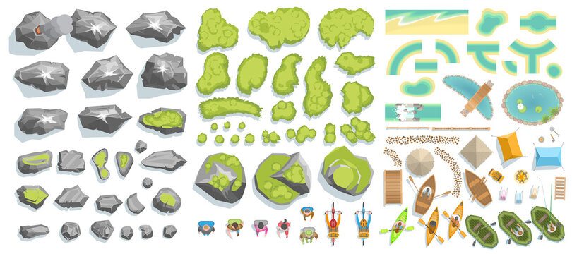 Set Of Elements For The Tourist Map. (Top View) Mountains, Hills, Rocks, Stones, Trees, Plants, Beach, Pond, River, Boats, Tents, Tourists. (View From Above) 