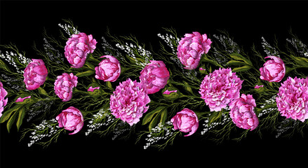 decorative elements:: pink flower, peony branch, infinite brush. hand-drawn doodles in a realistic style. modern decor details for decoration, Wallpaper isolated on a white background.
