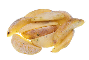 Frozen pieces of fries potato with garlic and spices  isolated macro