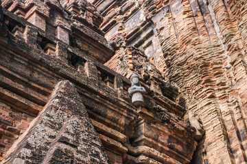 Detail view of upper part of ancient Champa brick building