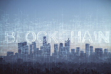 Double exposure of crypto currency theme hologram drawing and city veiw background. Concept of blockchain and bitcoin.