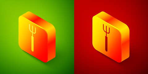 Isometric Garden pitchfork icon isolated on green and red background. Garden fork sign. Tool for horticulture, agriculture, farming. Square button. Vector.