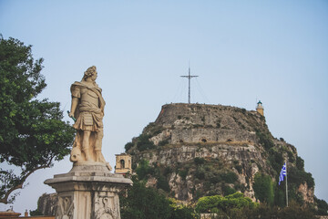 Statue of Count Schulenburg in front of the Old Fortress of Corfu, Greece