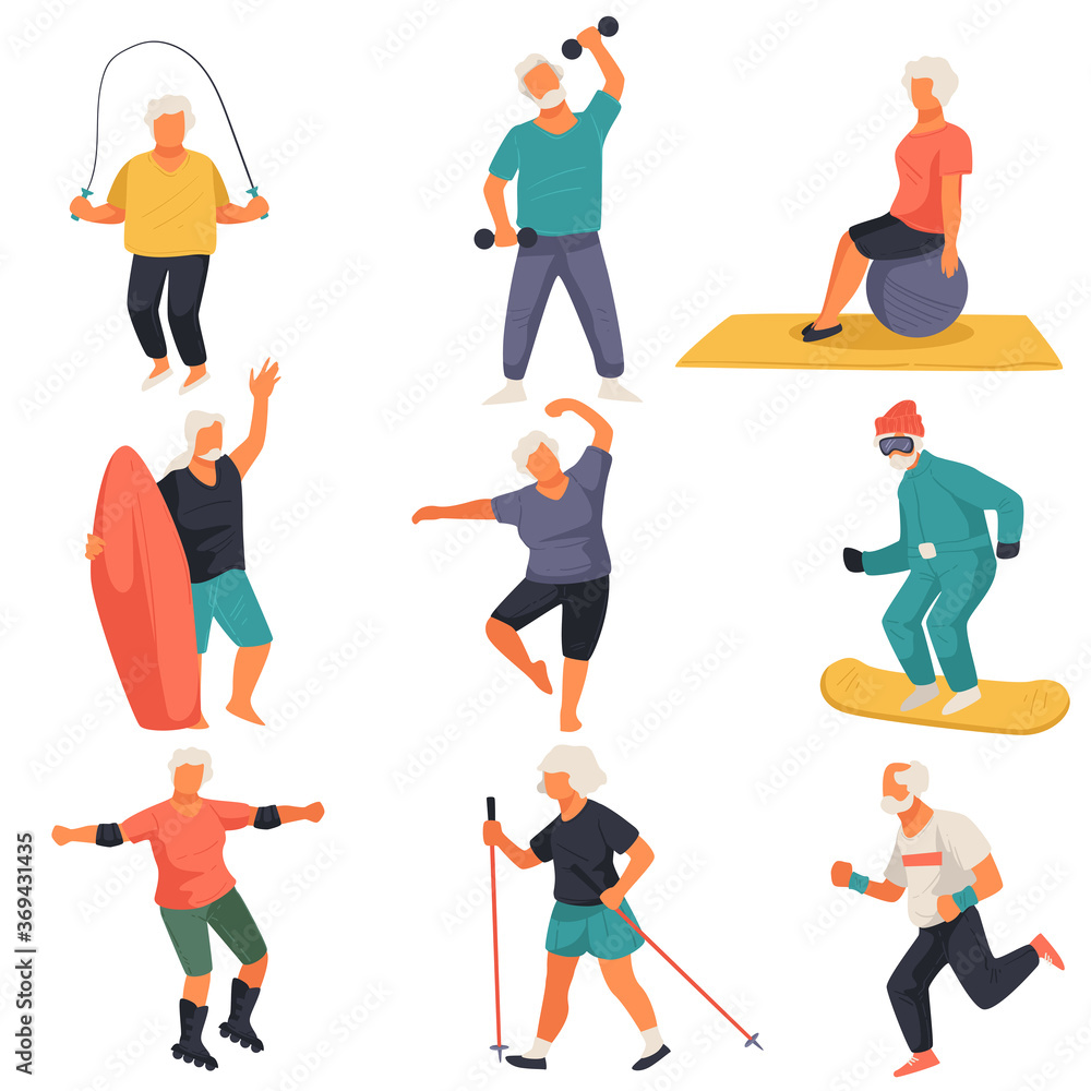 Wall mural Senior characters leading active lifestyle, doing exercises vector