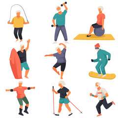 Fototapeta na wymiar Senior characters leading active lifestyle, doing exercises vector