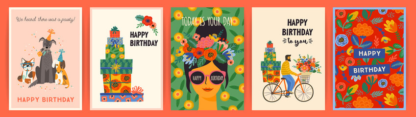 Happy Birthday. Vector set of cute illustrations. Design templates