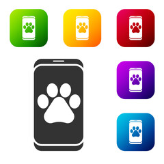 Black Veterinary clinic symbol icon isolated on white background. Cross hospital sign. A stylized paw print dog or cat. Pet First Aid sign. Set icons in color square buttons. Vector.