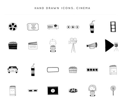 Set of vector hand drawn icons. Cinema isolated objects, cinematography illustrations and logo elements.