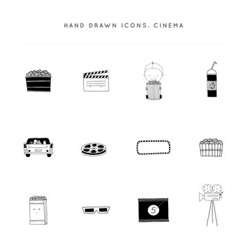 Cinema isolated objects, cinematography illustrations and logo elements. Set of vector hand drawn icons.