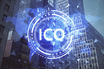 Double exposure of crypto currency theme hologram drawing and city veiw background. Concept of blockchain and bitcoin.