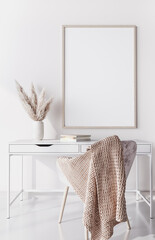 Mockup frame for white wooden desk, home office Scandinavian design, 3d render	