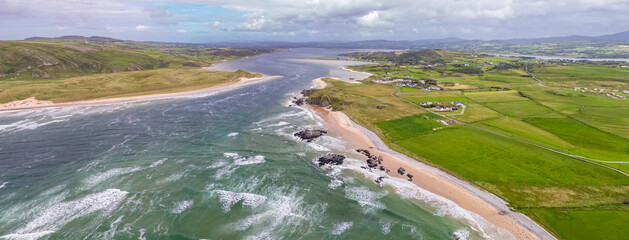 Aerial view of Doagh and five finger strand, north coast county Donegal, Ireland