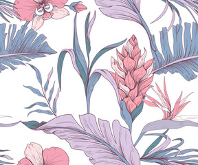 Seamless pattern with trendy exotic flowers and leaves
