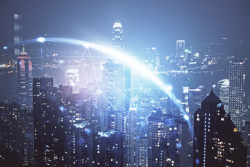 Multi exposure of social network theme drawing and cityscape background. Concept of people connecton.