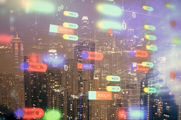 Data theme hologram drawing on city view with skyscrapers background double exposure. Ai concept.