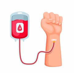 donation blood. hand with blood transfusion concept in cartoon illustration vector isolated in white background