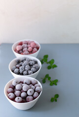 Frozen berries in a white bowls on a gray background.. Copy space. Close-up. Selective focus. Vertical orientation.