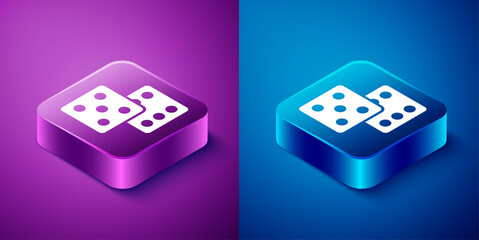 Isometric Game dice icon isolated on blue and purple background. Casino gambling. Square button. Vector.