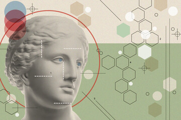 Art collage with antique sculpture of Venus face and numbers, geometric shapes. Beauty, fashion and health theme. Science, research, discovery, technology concept. Zine culture. Pop art style. © Ded Pixto